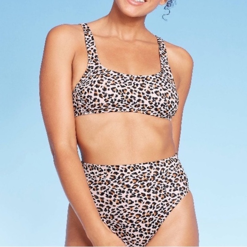 Xhilaration Leopard Print Ribbed Bikini Set High Waisted Two Piece Swimsuit L